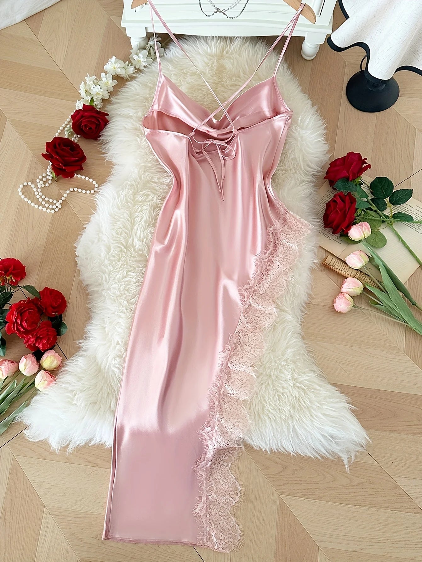 Lace Trim Satin Midi Nightgown — Cowl Neck Spaghetti Strap | Women's Elegant Sleepwear