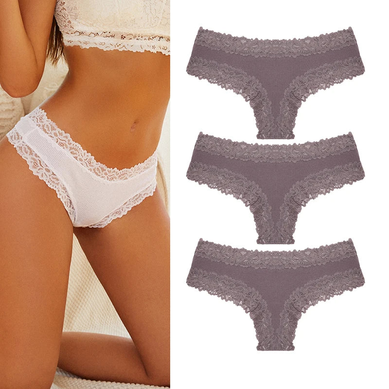 Women's Cotton Lace Briefs – 3-Piece Set | Soft Low-Rise Stretch Underwear (S–XL)