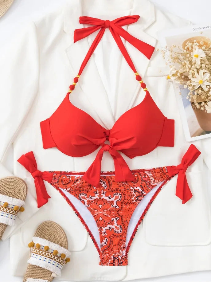 Push-Up Halter Bikini Set — Bow-Tie Top & Printed Side-Tie Bottoms | Women's Swimwear