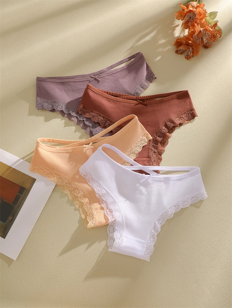 FINETOO 6PCS Women's Cotton Lace Underwear Sexy Crossed Belts Brazilian Panties Female Low Rise Breathable Briefs Soft Lingerie