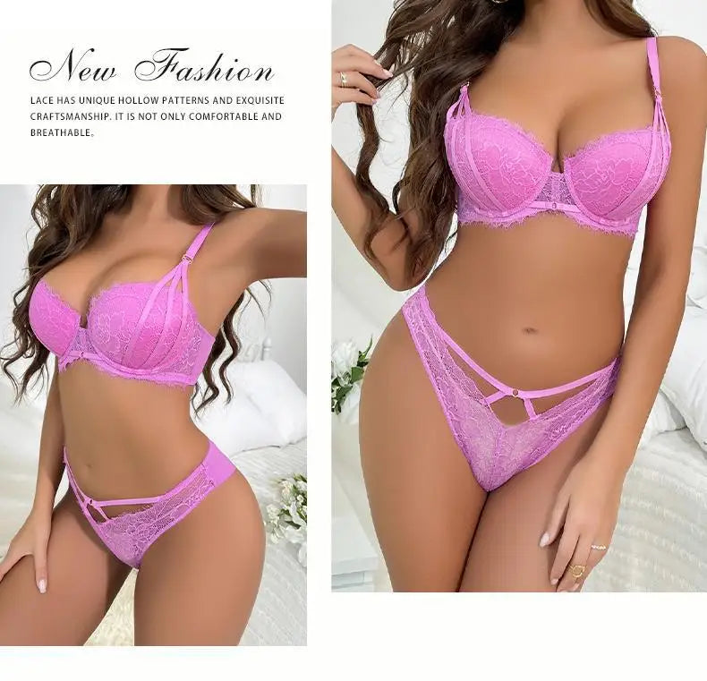 Floral Embroidery Push-Up Bra & Panty Set – Underwire, ¾ Cup, Hollow Design | Women's Lingerie