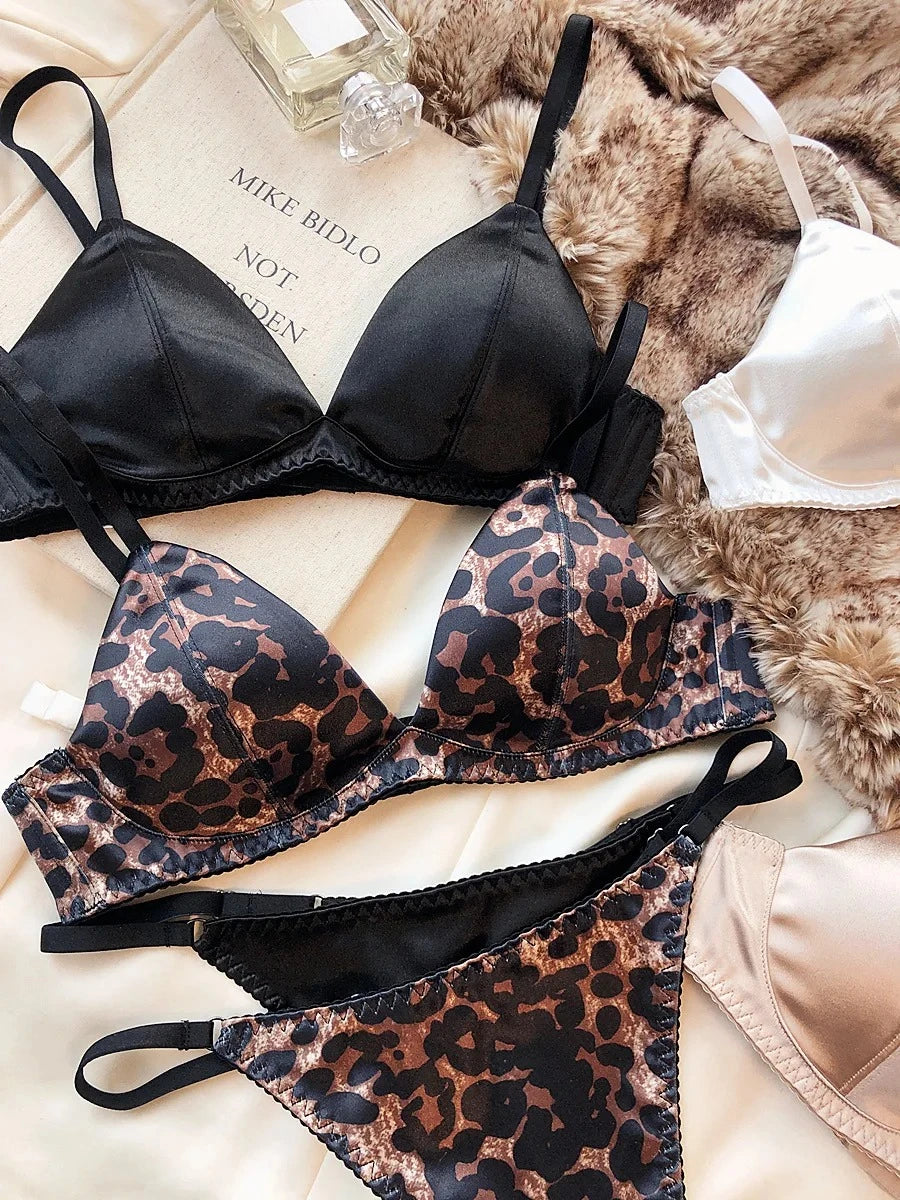 Women's Silken Triangle Bra & Thong Set – Wire-Free French Bralette Lingerie (S–XL)