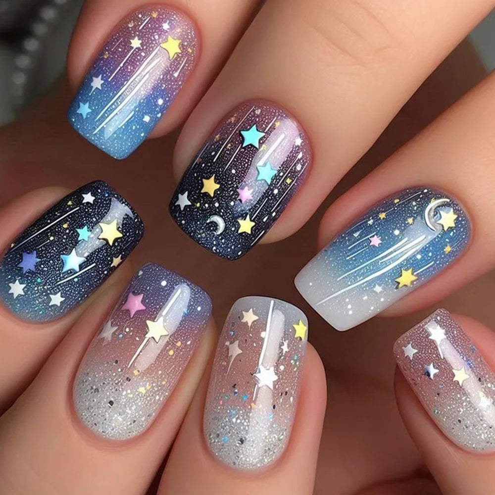Short Coffin Press-On Nails – Stars & Moon, 24-Piece Set