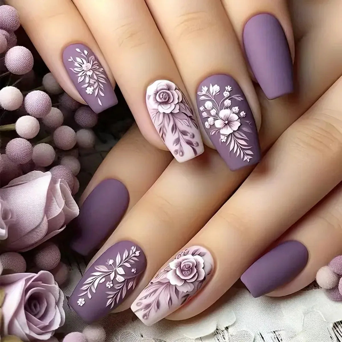 Short Square Press-On Nails - Purple Floral & Gradient French, 24 Pieces