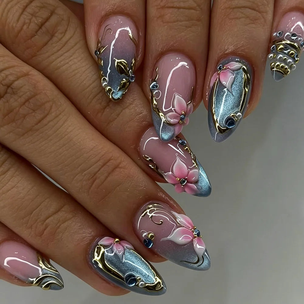 Medium Almond Cat Eye Press-On Nails - Glitter & Gold-Tone Designs, 24 Pieces