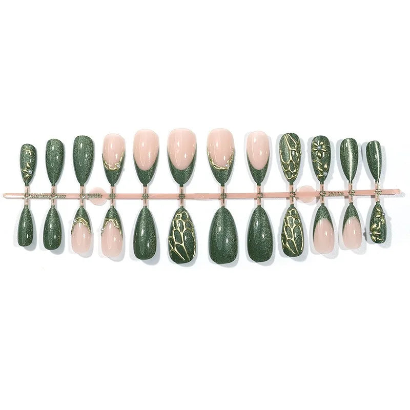 Medium Almond Cat Eye Press-On Nails - Glitter & Gold-Tone Designs, 24 Pieces