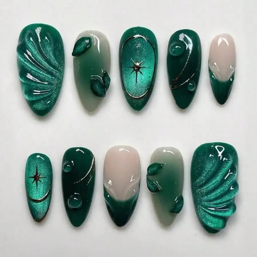 Green Cat Eye Press-On Nails with 3D Wavy French Design - 24 Pieces