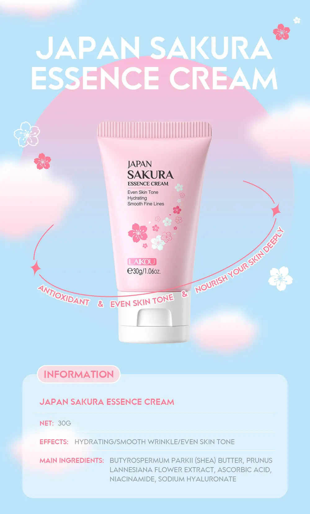 Sakura Whitening Face Cream Wrinkle Remover Fade Fine Lines Serum Firm Lift Shrink Pores Moisturizing Brighten Smooth Skin Care