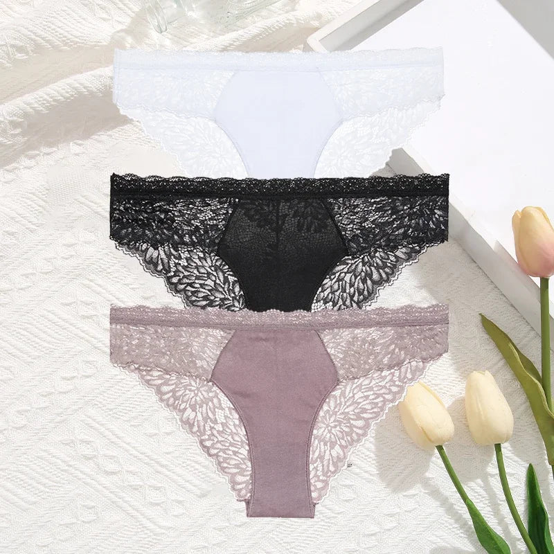 3-Pack Seamless Lace Hollow-Out Brief Panties – Soft Breathable Low-Rise Underwear for Women (S–XL, 20 Color Sets)