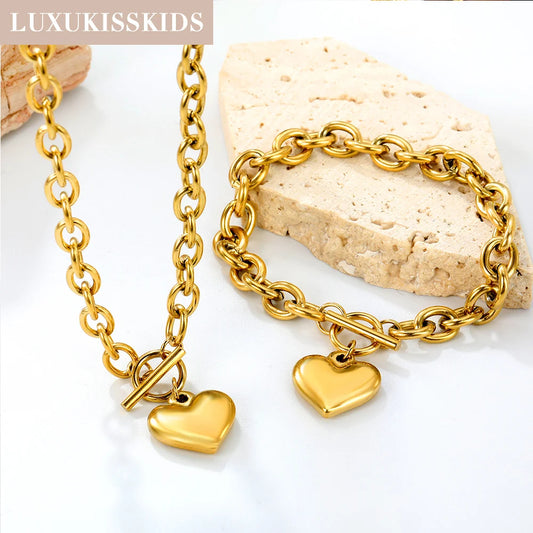 Cubic Love Heart Minimalist Jewelry Set – Stainless Steel Necklace, Earrings & Bracelet
