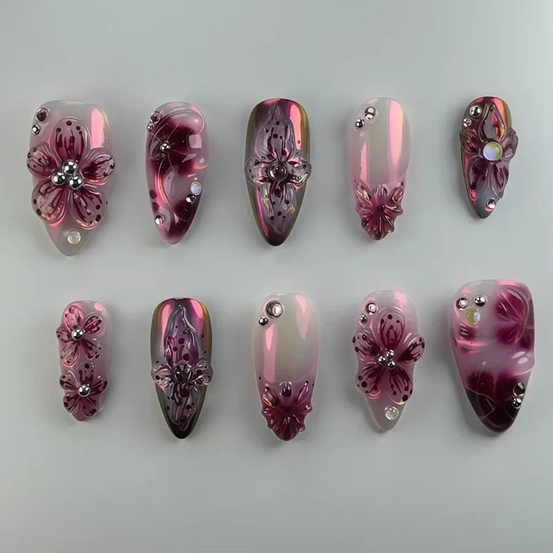 Almond Press-On Nails - 3D Floral, Butterfly & French Tip, 24 Pieces