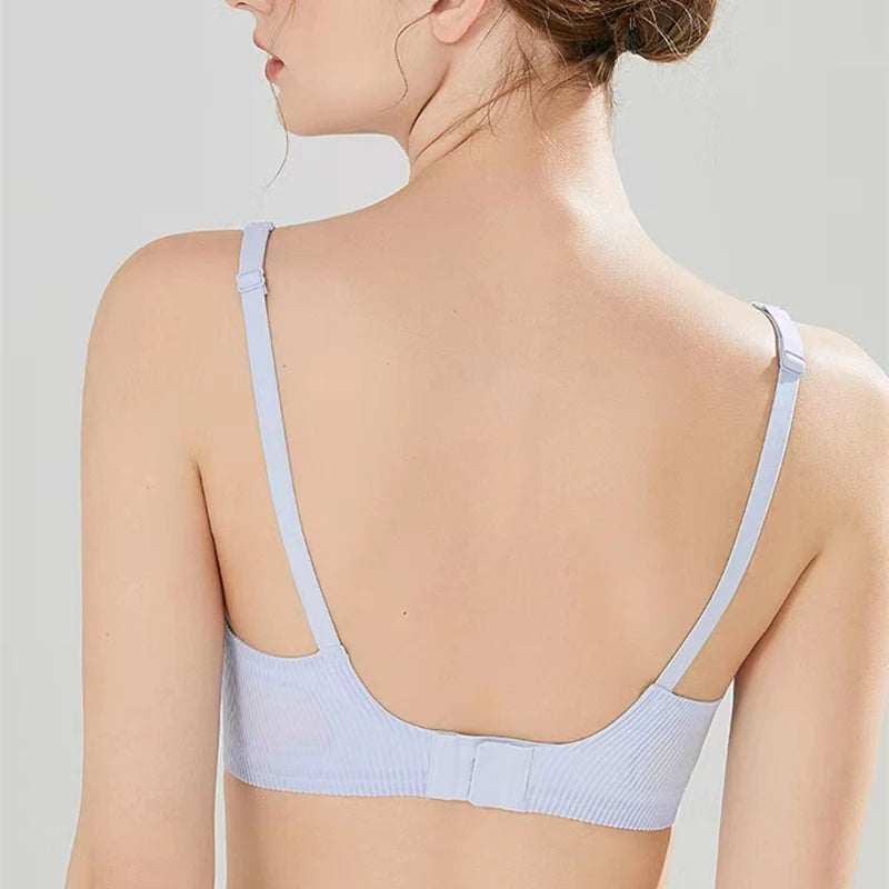 Women's Seamless Striped Push-Up Bra – Wire-Free Hollow Design | 3/4 Cup Gathered Bra