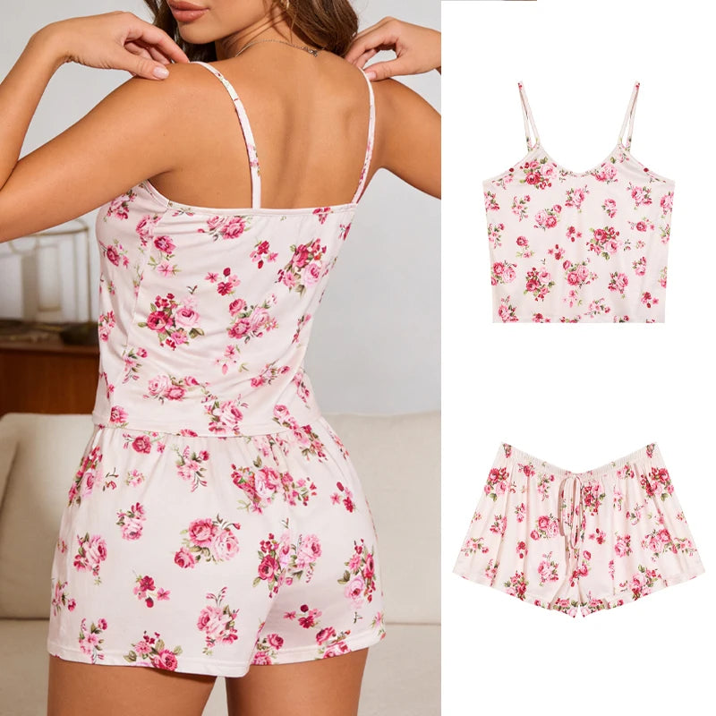 Cherry Print Ice Silk Pajama Set — Sleeveless Cami Top & Shorts