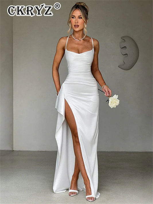 Backless Side Slit Maxi Dress – Square Neck Spaghetti Strap