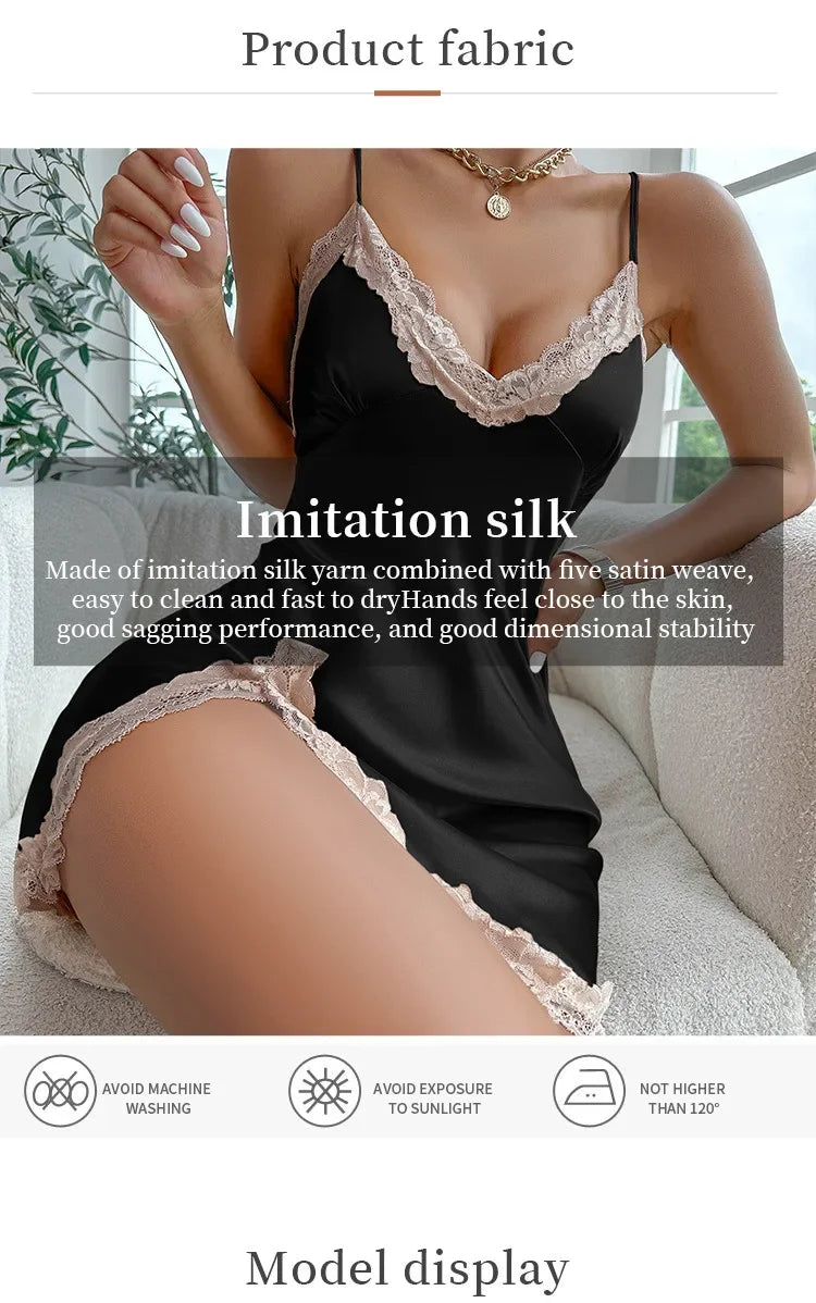 Lace-Trim Satin Slip Nightdress — Deep V Backless Mini Nightgown | Women's Sleepwear