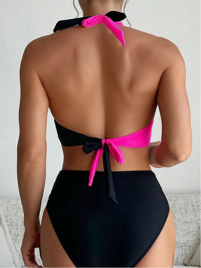 Color Block Wrap Bikini Set — Halter Crossover Top & High Waist Bottoms | Women's Swimwear