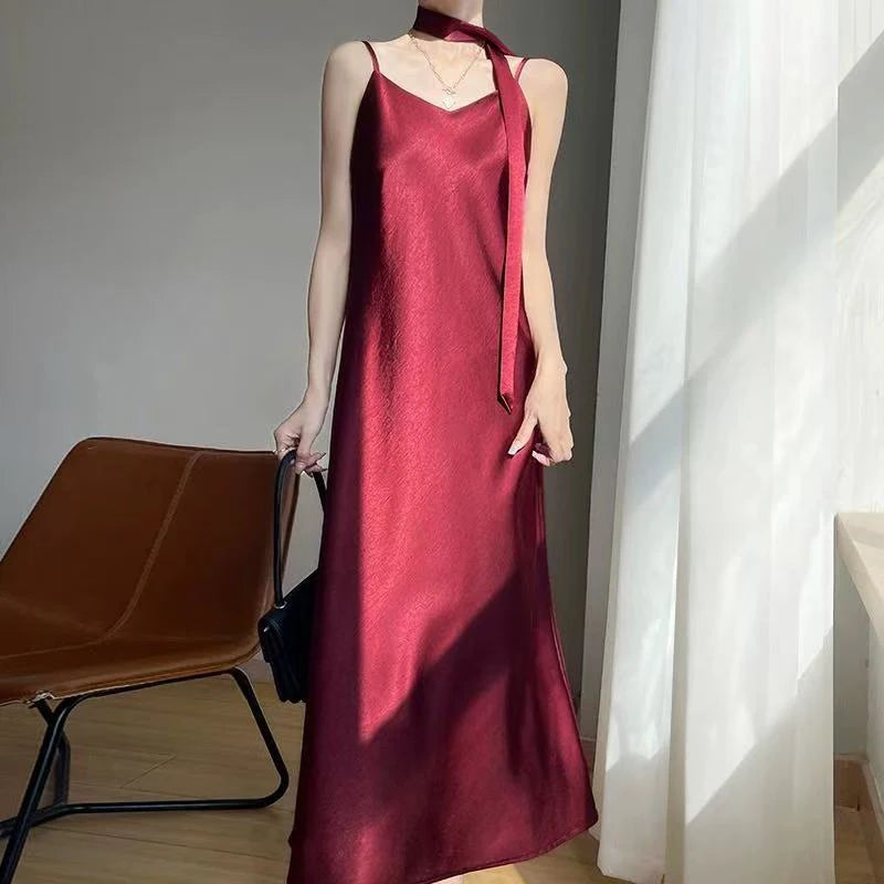 French Elegant Satin Camis Dress Women Summer Loose with Ribbon Midi Dress Female Fashion Aesthetic Party Evening Slip Dress