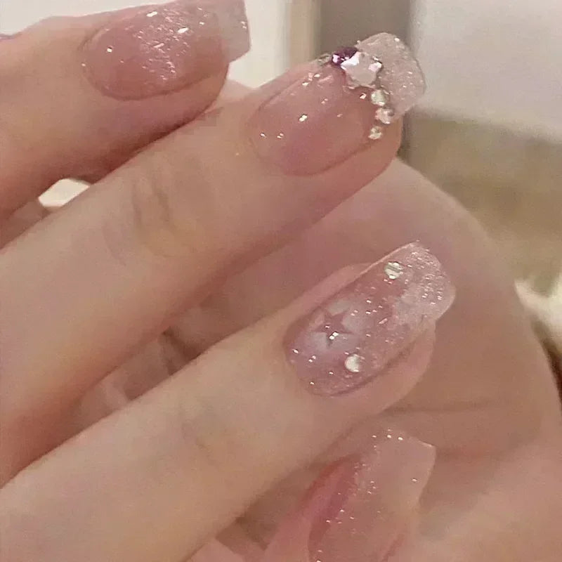 Short Press-On Nails - French Tip, Bow & Glitter Designs, 24 Pieces