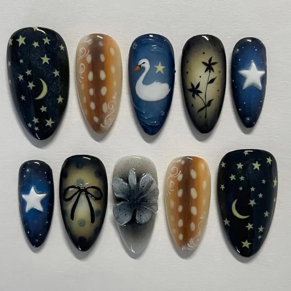 French Almond Press-On Nails – Leopard Print & 3D Bow Designs, 24 Pieces