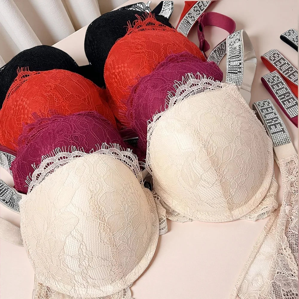 Women's Gathered Lace Push-Up Bra & Panty Set – Padded Shapewear Lingerie