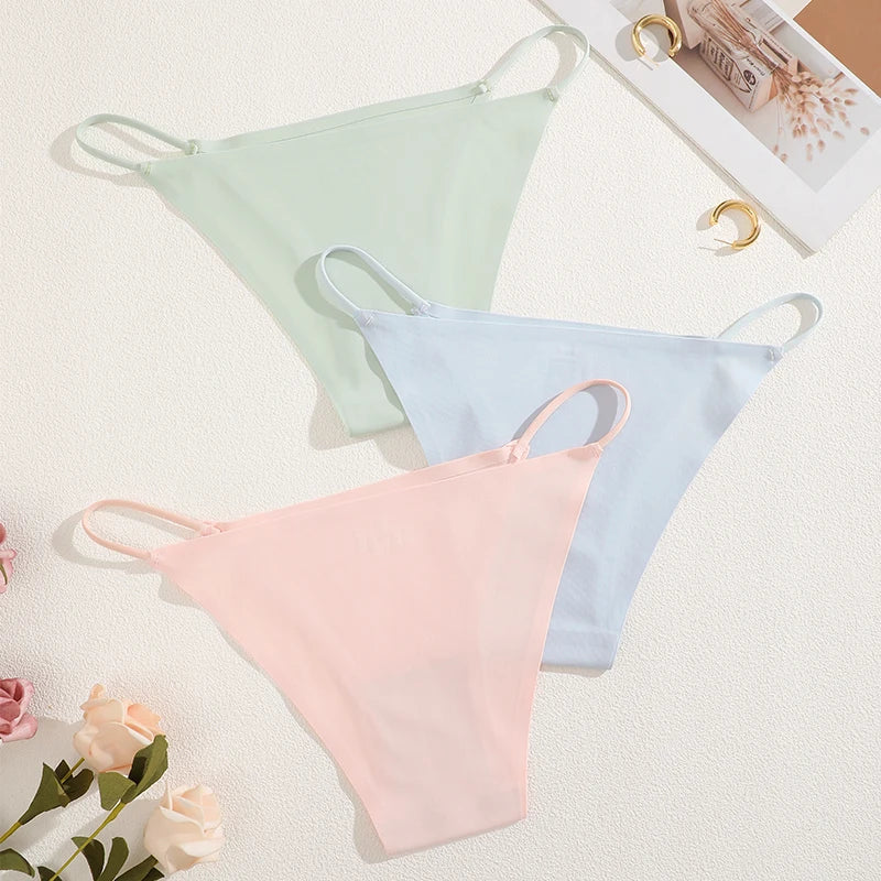 FINETOO 3Pcs Seamless Ice Silk Underwear New Color Sexy Thin Strap Briefs Girls Low Waist Breathable Panties No Trace Lingerie