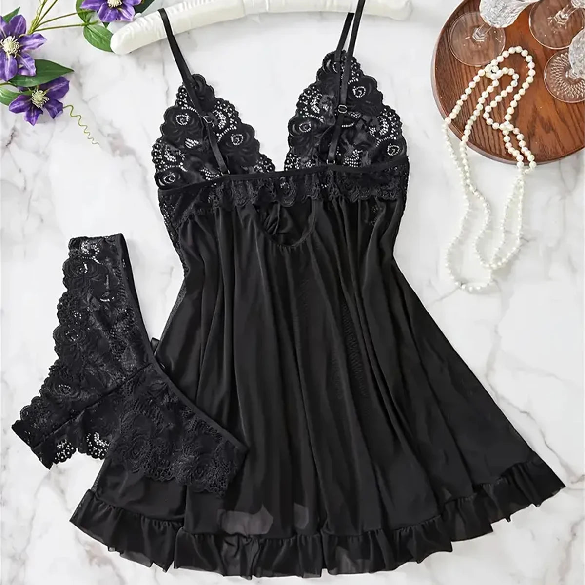 Lace Babydoll Lingerie Set — Floral Embroidery Slip Dress & Panty | Women's Intimate Wear