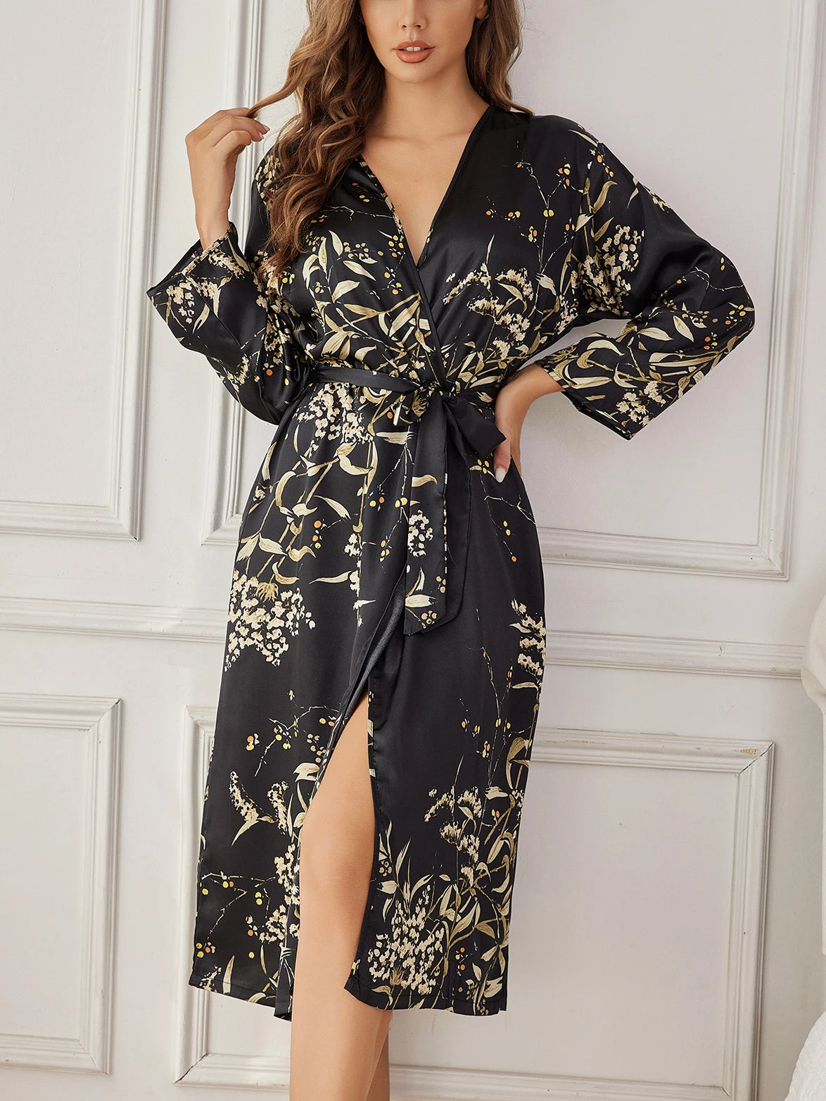 Satin Floral Robe & Camisole Nightdress Set — Elegant 2-Piece Sleepwear