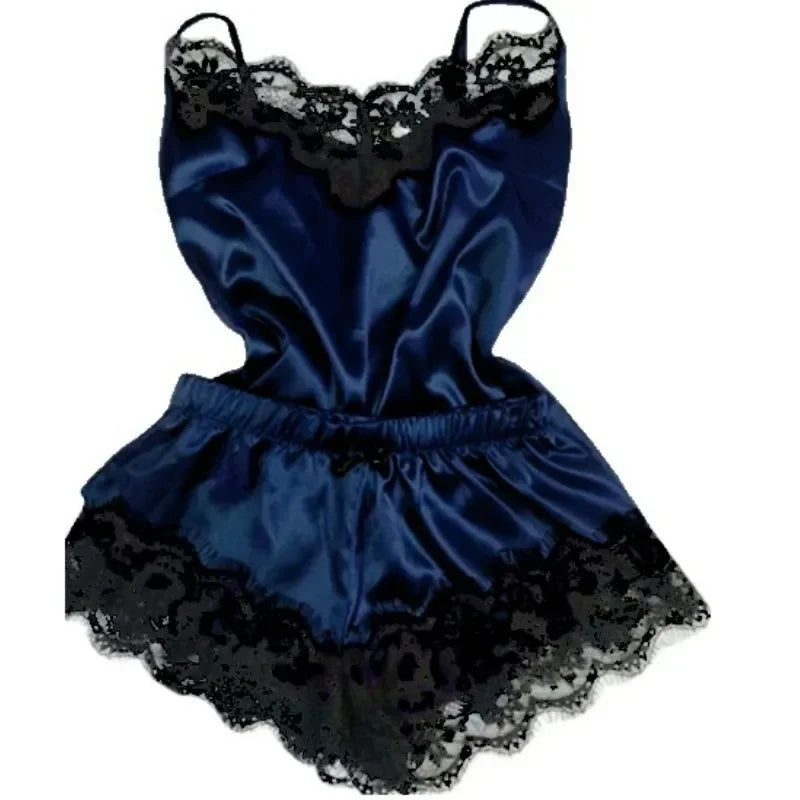 Lace Satin Spaghetti Strap Vest Top & Shorts Pajama Set – Stretch, Sleeveless | Women's Summer Sleepwear