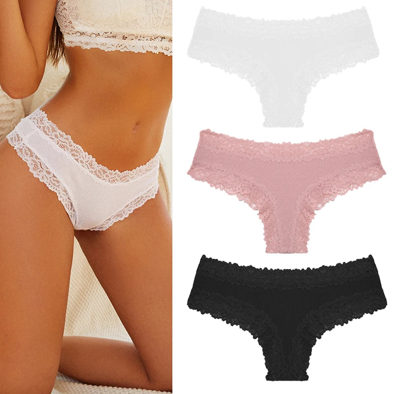 Women's Cotton Lace Briefs – 3-Piece Set | Soft Low-Rise Stretch Underwear (S–XL)