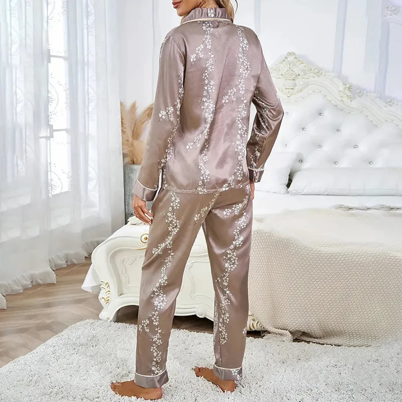 Satin Floral Pajama Set — Long Sleeve Button-Up Top & Pants
