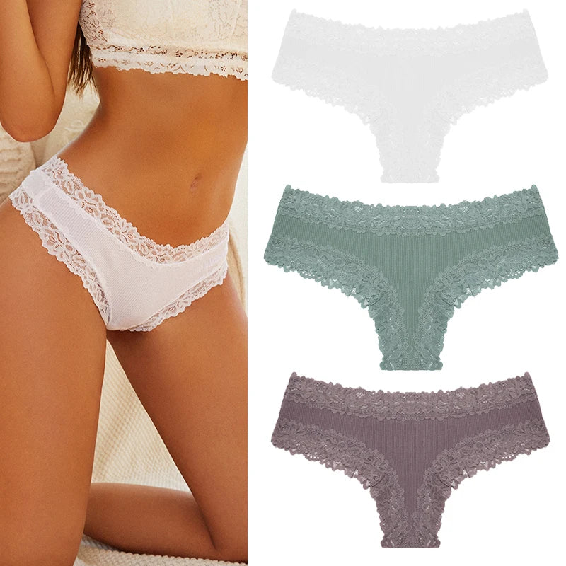 Women's Cotton Lace Briefs – 3-Piece Set | Soft Low-Rise Stretch Underwear (S–XL)