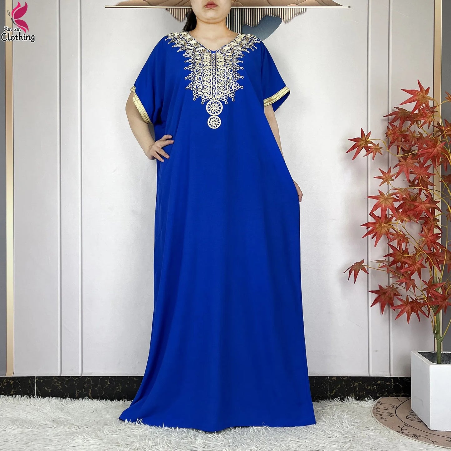 2026 New Summer Short Sleeve African Abaya Cotton Pure Color Embroidery Loose Woman Maxi Islam Tradition Dresses With Headscarf