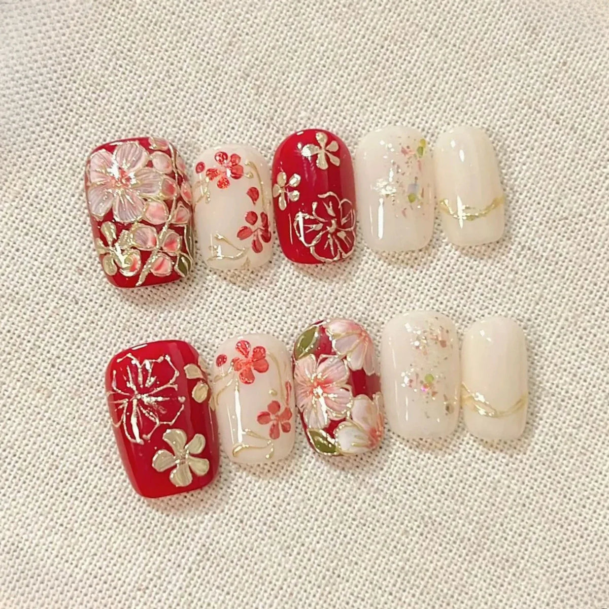 Handmade Short Square Press-On Nails - Floral & Cat Eye, 10-Piece Kit