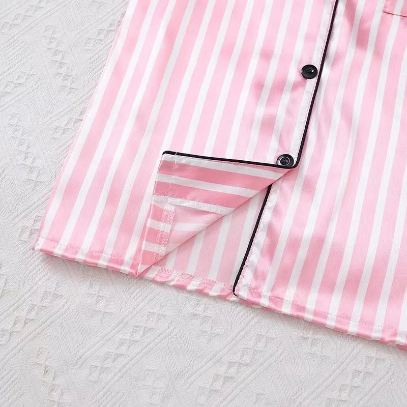 Striped Cardigan Pajama Set – Short-Sleeve Lapel Top & Shorts, Cotton Homewear for Women (S–XL)