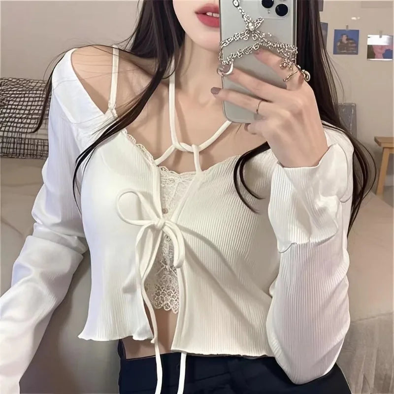 Lace-Up Knit Crop Cardigan — Flare Sleeve Open Front | Women's Tops
