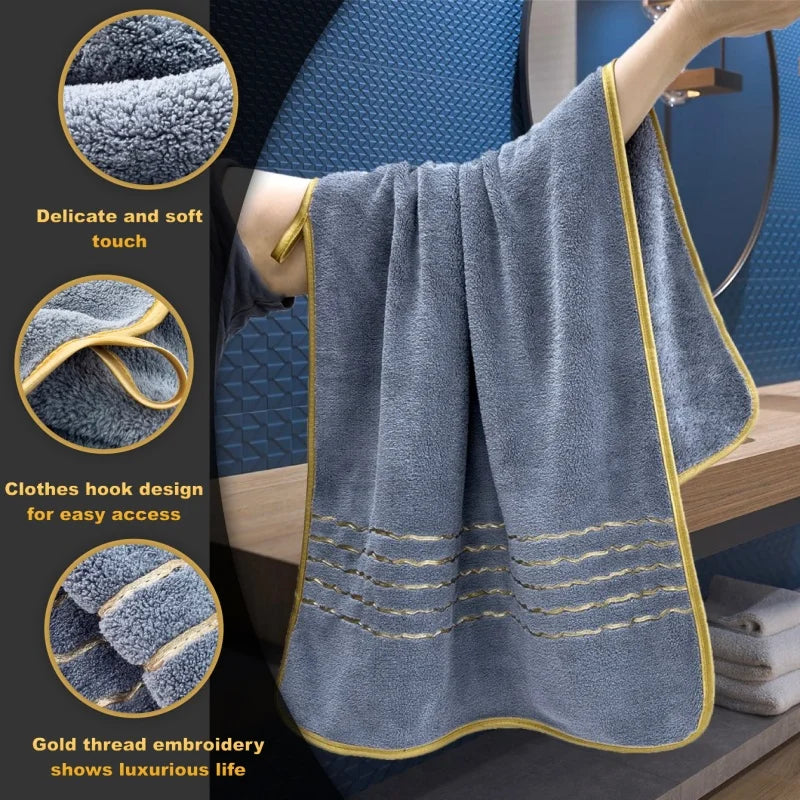 Golden Striped Coral Fleece Bath Towel Set – Ultra-Soft, Quick-Dry, Machine Washable (2, 3, 6 or 8 Pcs)