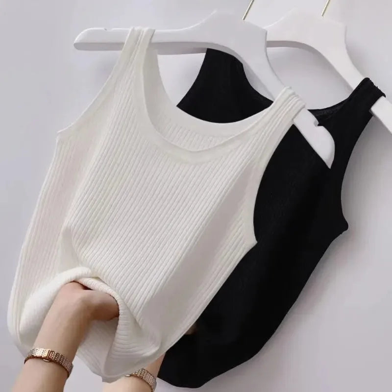 Knit Cotton Camisole Tank Top – Round Neck Sleeveless Crop Top for Women (M–5XL, 6 Colors)