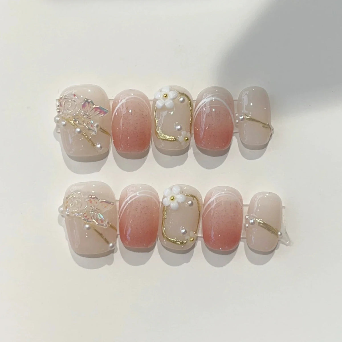 Handmade Short Square Press-On Nails - Floral & Cat Eye, 10-Piece Kit