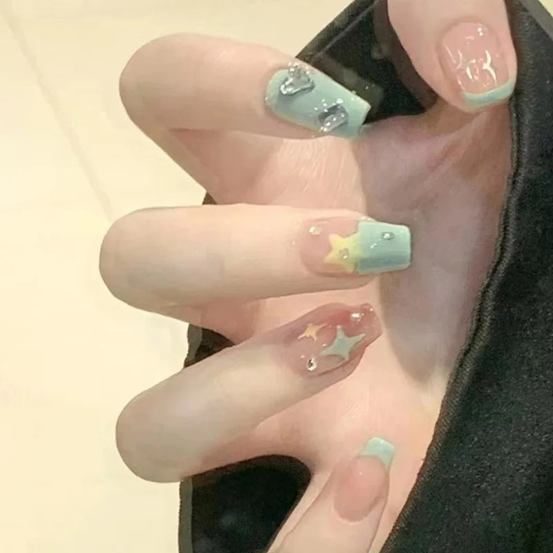 Galaxy Glitter Press-On Nails – Star & Cat-Eye Designs, 24 Pieces