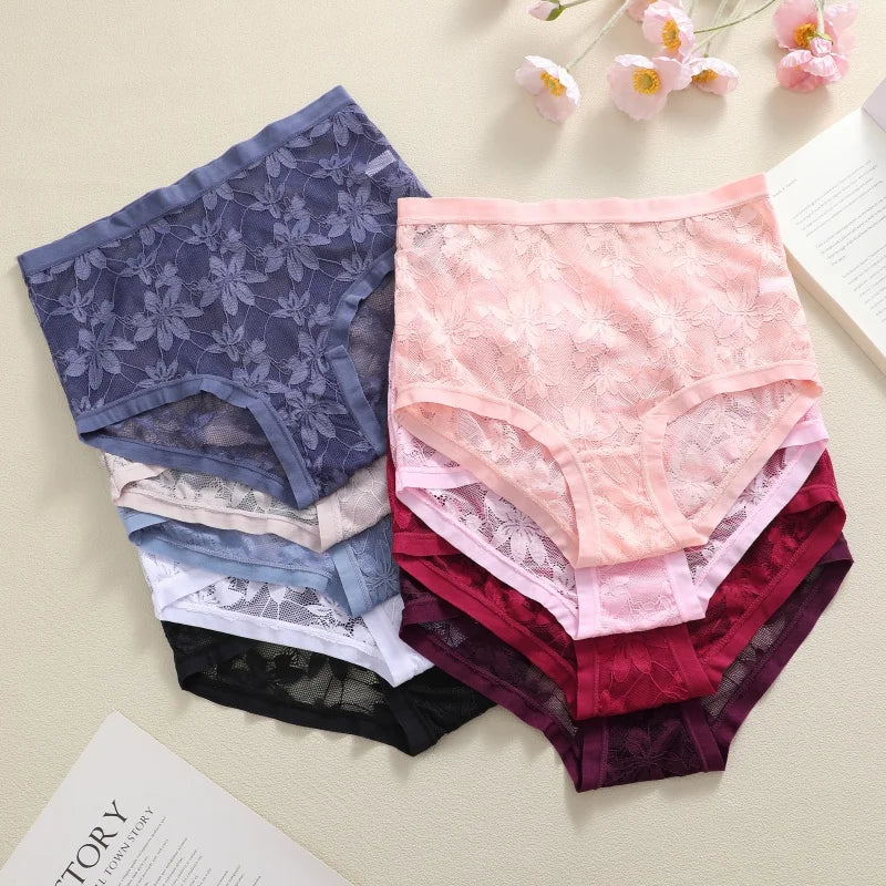 High-Waist Floral Lace Hollow Brief Panties – Breathable Sexy Underwear for Women (S–2XL, 9 Colors)