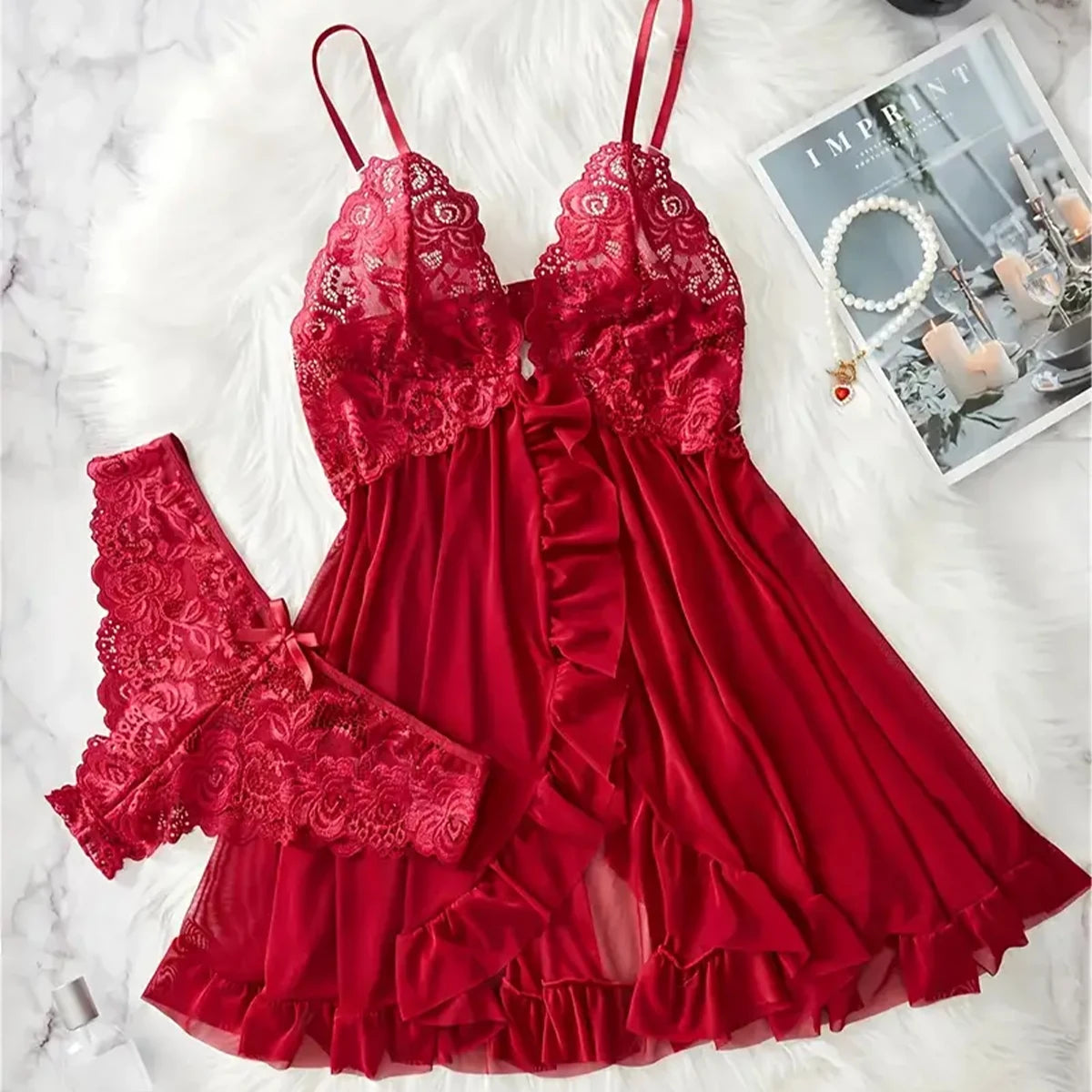 Lace Babydoll Lingerie Set — Floral Embroidery Slip Dress & Panty | Women's Intimate Wear