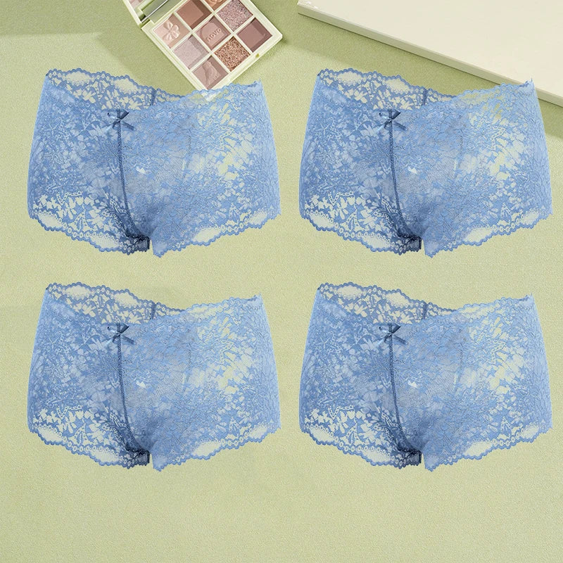 4-Pack Hollow Lace Boyshort Panties – Low-Rise Breathable Underwear for Women (S–2XL, 13 Color Sets)