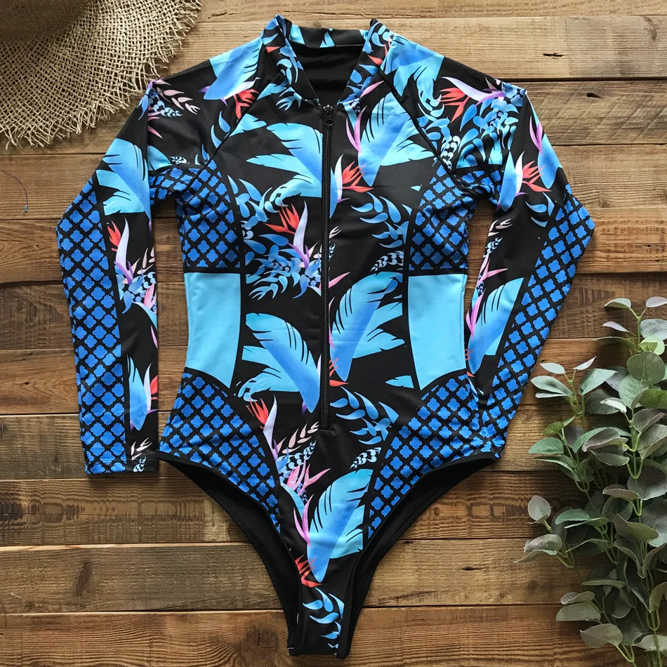 Color Block Surfing One-Piece Swimsuit — Long Sleeve Zipper | Women's Sport Swimwear