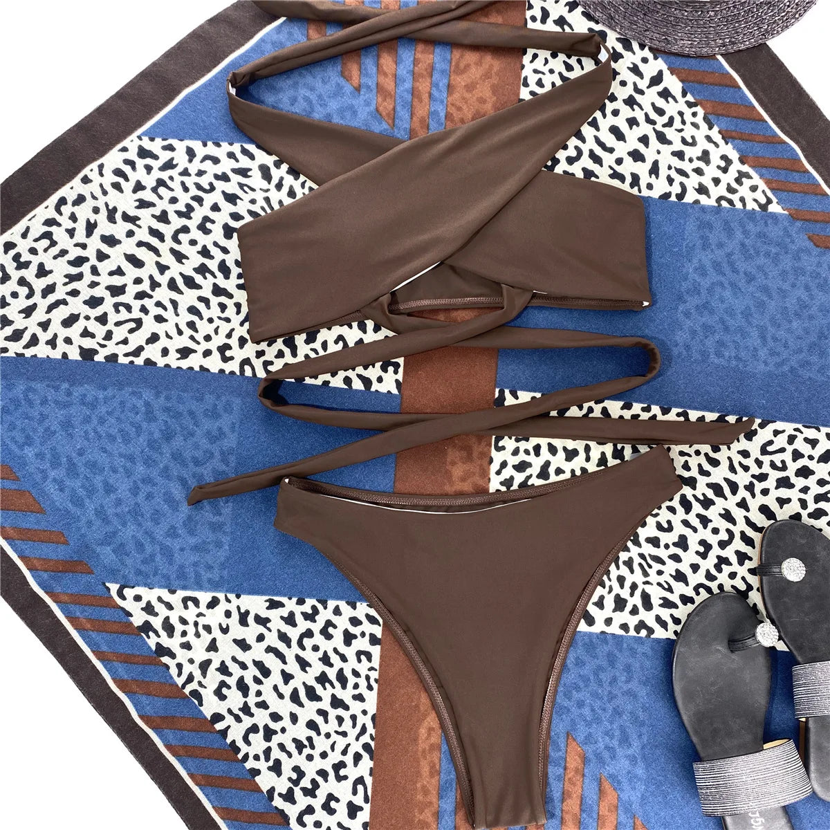 Cross Halter Hollow-Out Bikini Set — High Neck Wrap Top & High Waist Bottoms | Women's Swimwear