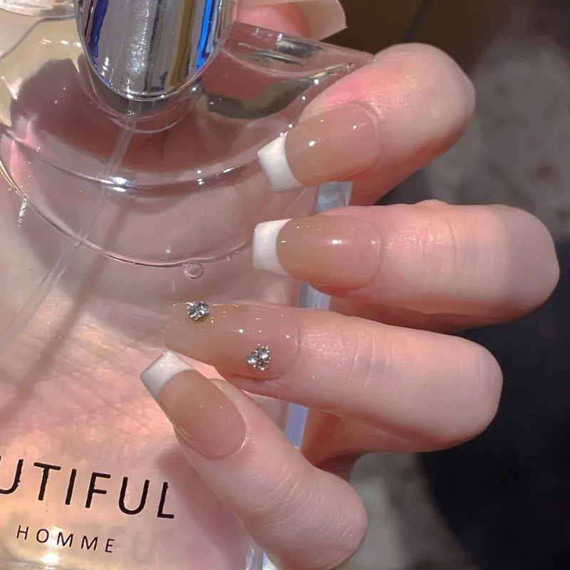 Handmade Coffin Press-On Nails with Glue - Nude French & Gradient, 10 Pieces