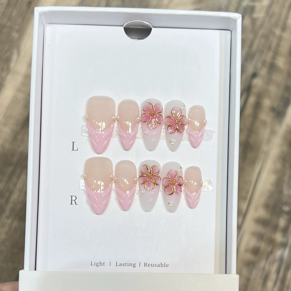 Pink Ombre Press-On Nails – Handmade Almond 3D Flower Designs, 10 Pieces