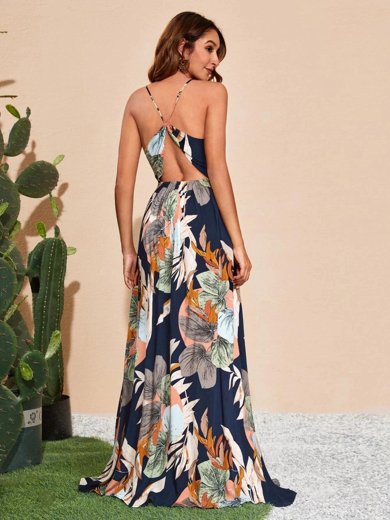 Tropical Print Thigh-High Slit Backless Spaghetti Strap Dress 1056