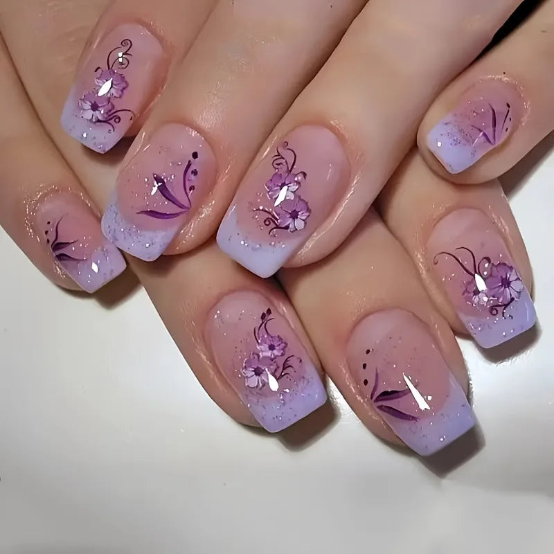 Short Square Press-On Nails - Purple Floral & Gradient French, 24 Pieces