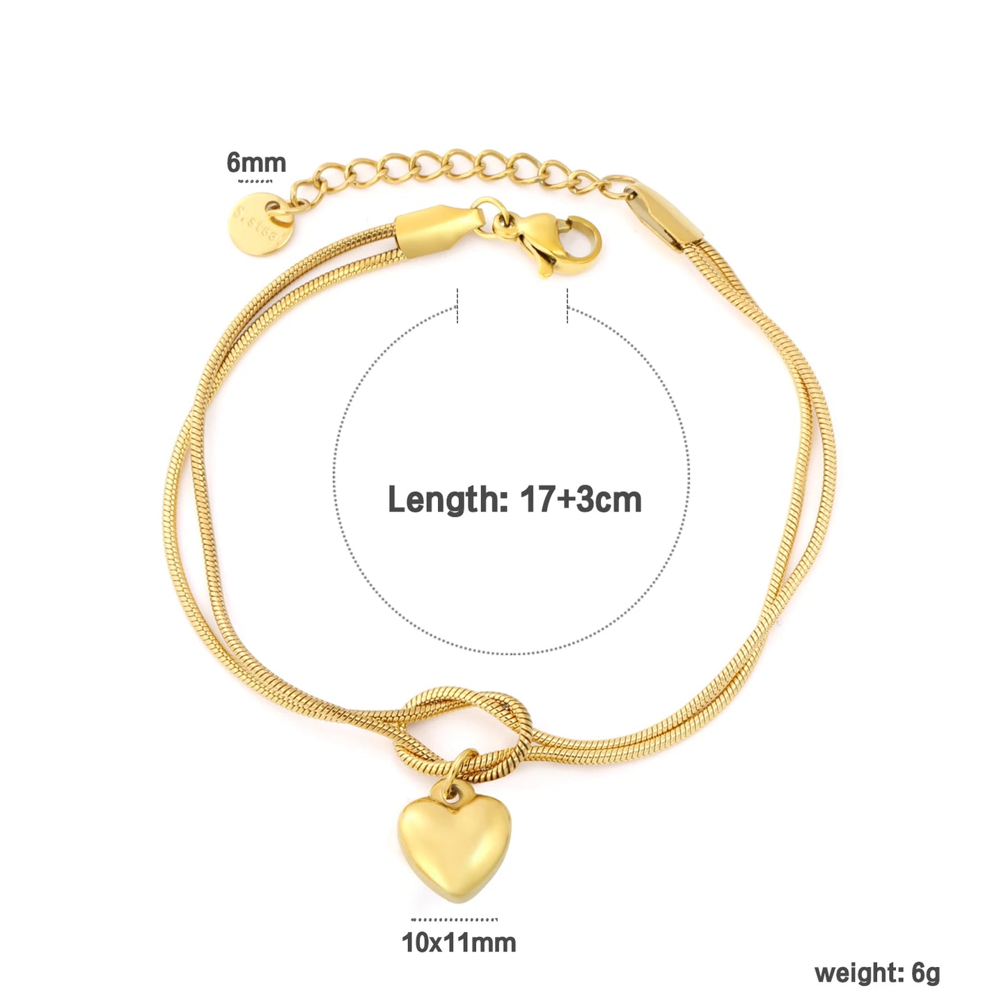 Cubic Heart Charm Bracelet – 18K Gold-Plated Stainless Steel Snake Chain for Women & Men
