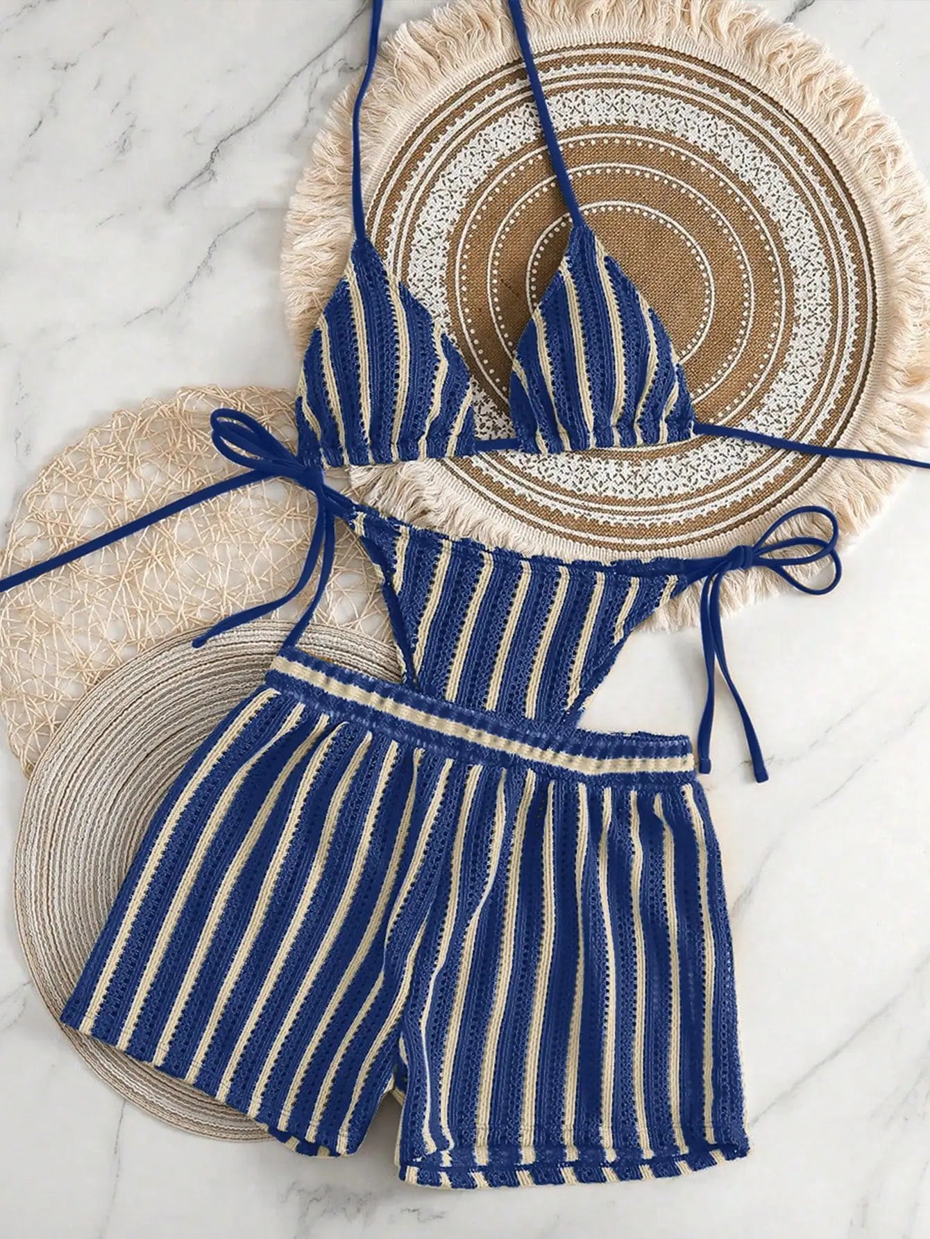 Striped Halter Triangle Bikini Set — 3-Piece with Mini Skirt Cover-Up | Women's Swimwear